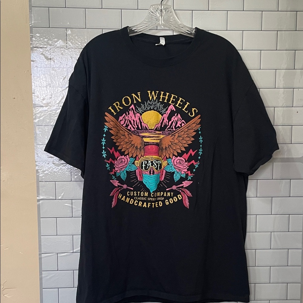 Fruit of‎ the Loom Iron Wheels Custom Company Graphic Tee Black Mens XL Retro